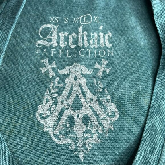 Archaic by Affliction Shirt Womens L Teal Skull Rhinestone Y2K USA Sleeveless - Picture 3 of 12